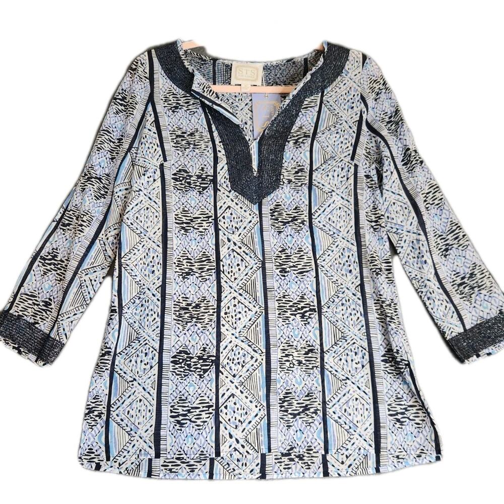 STS Sail to Sable Women’s Geo Stripe Long Tunic Navy Size XS Embroidered NWT